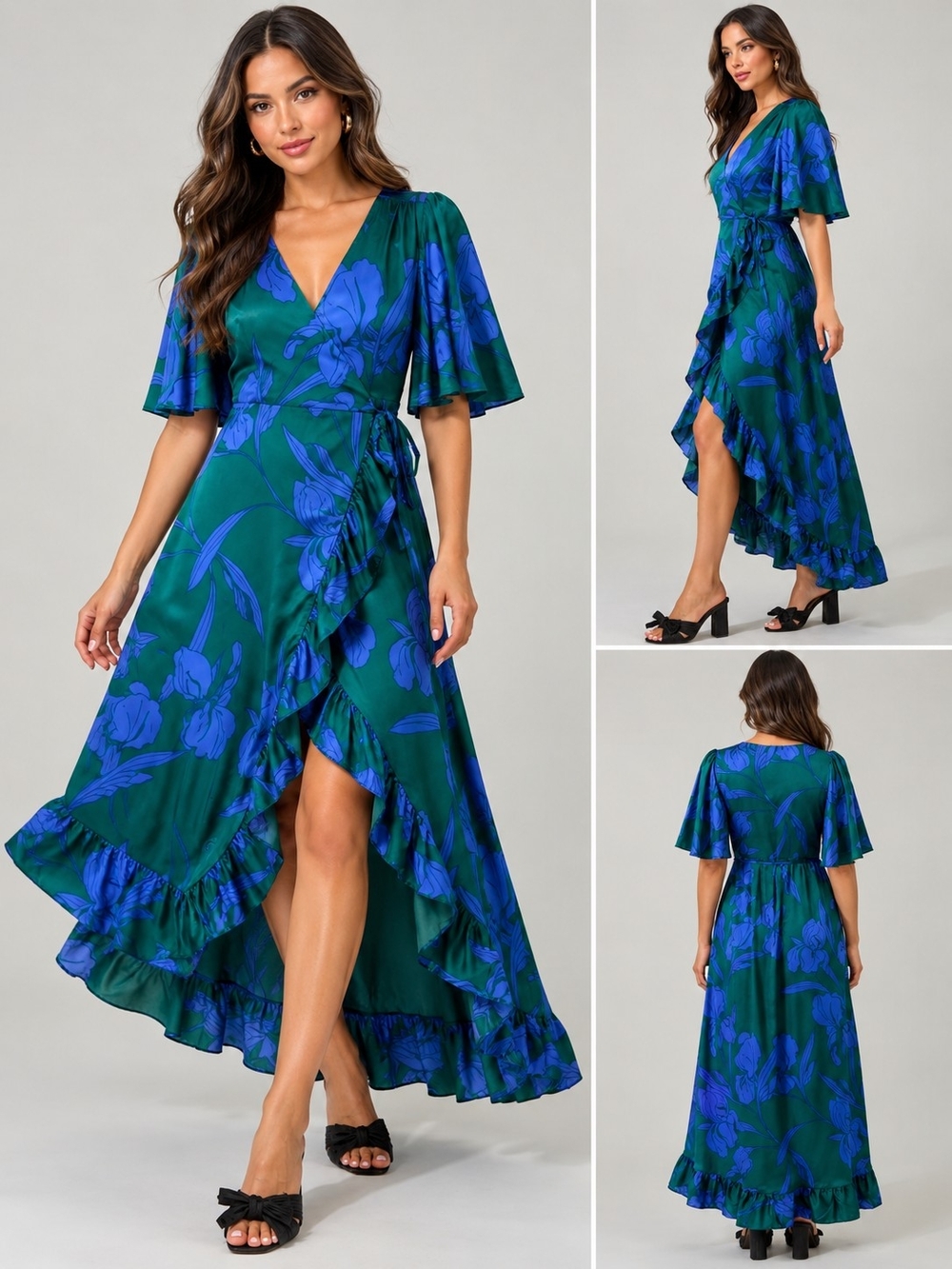 Sugarlips Green & Blue Floral Wrap Midi Dress